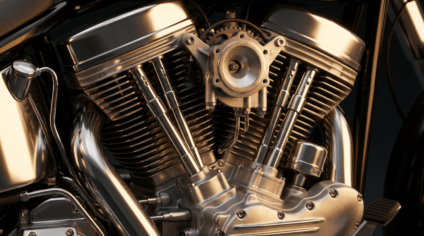 Polished motorcycle engine with chrome fins and mechanical details in shallow focus, studio lighting with golden highlights.